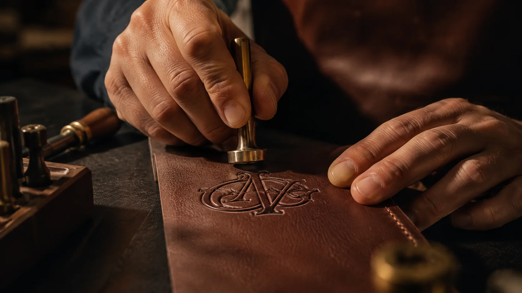 A monogram being stamped into leather with a brass tool