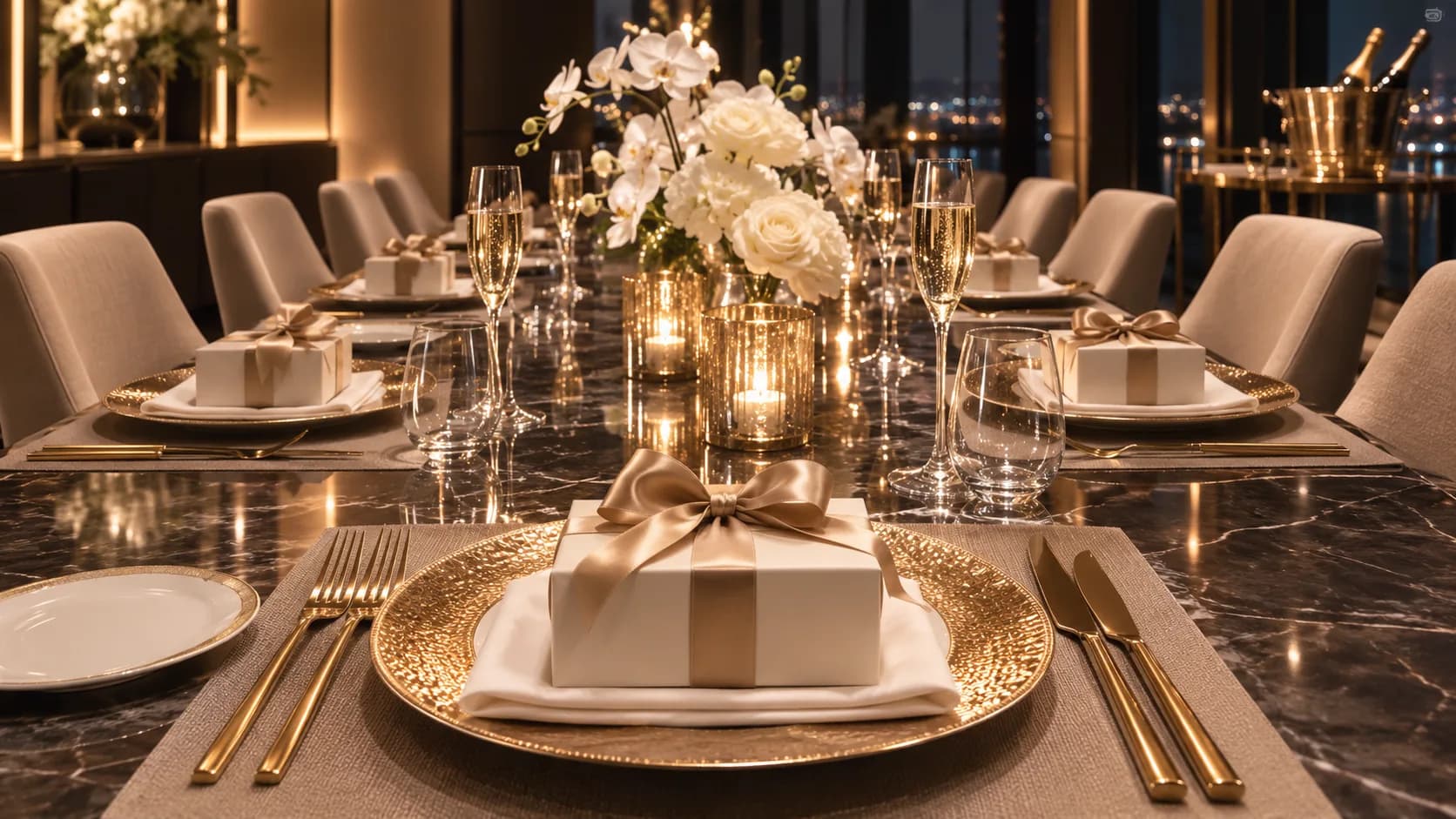 A gift box at a dinner place setting with gold flatware