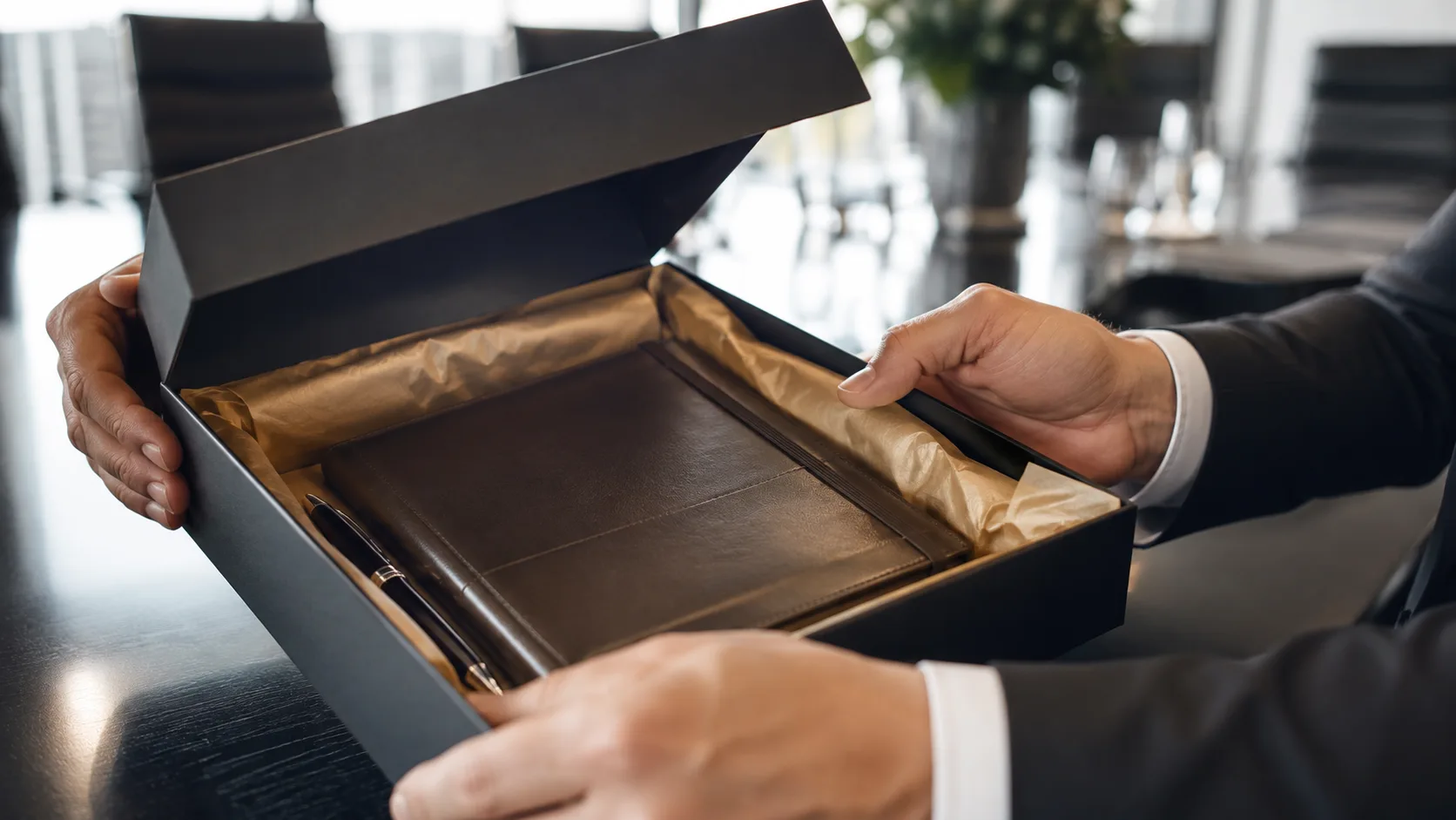 A leather journal and pen revealed inside a presentation box