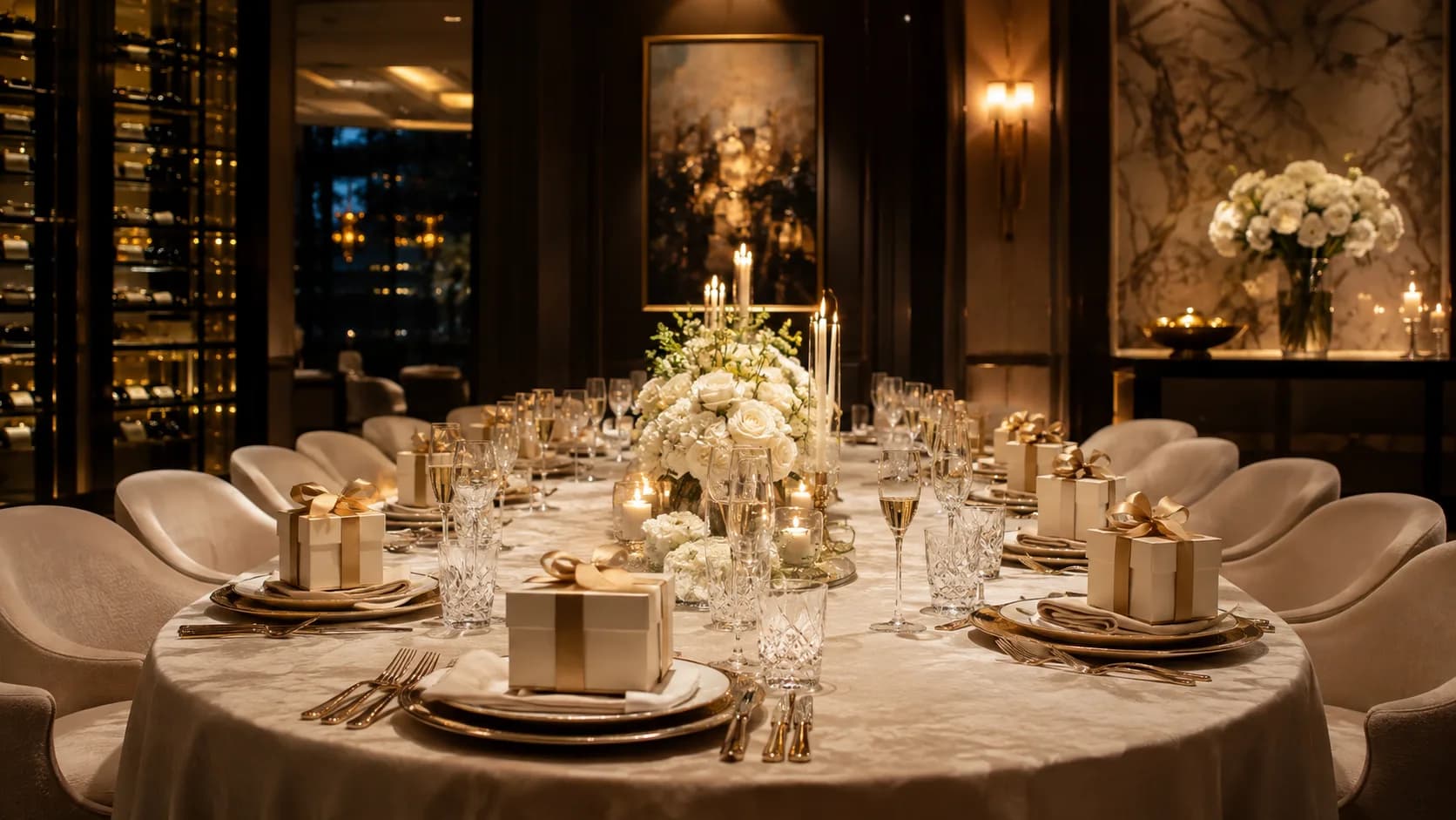 A private dining room set with gifts at every place