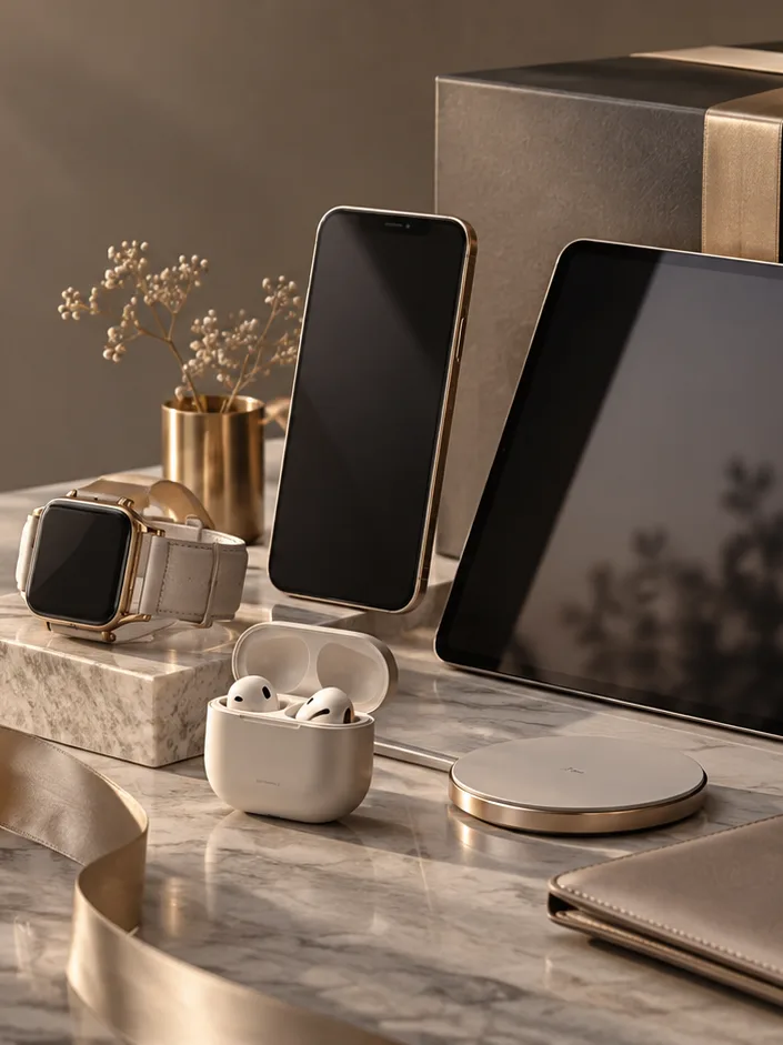 A phone, tablet, smart watch and earbuds arranged as a luxury gift still life